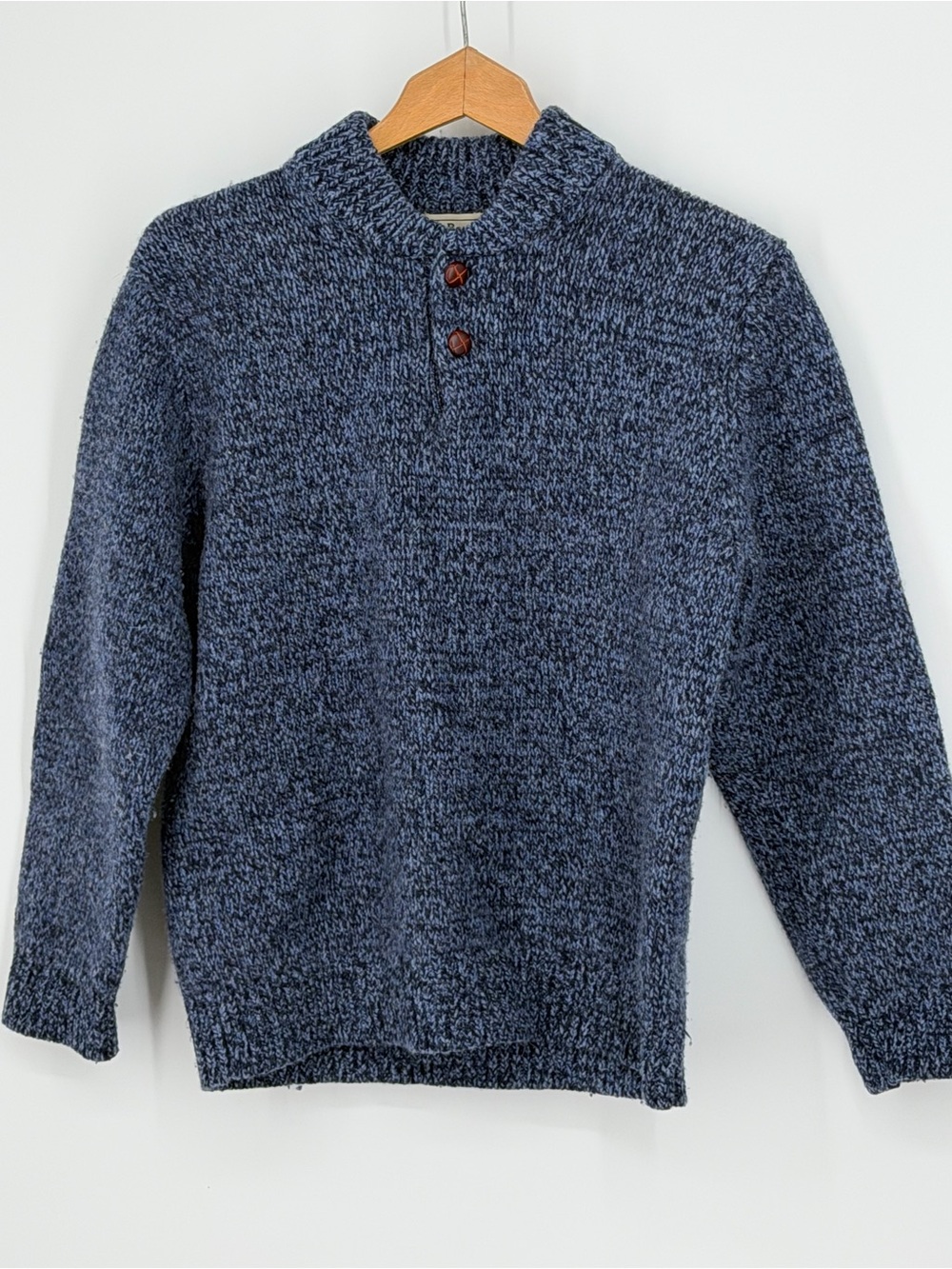 LL Bean 100% Lambswool Ragg Henley Sweater Mens Blue Fisherman 285174 L Large